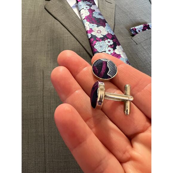 3 Piece Tie Set Navy Blue Fuchsia Floral Tie Pocket Square Cufflinks - Picture 4 of 6